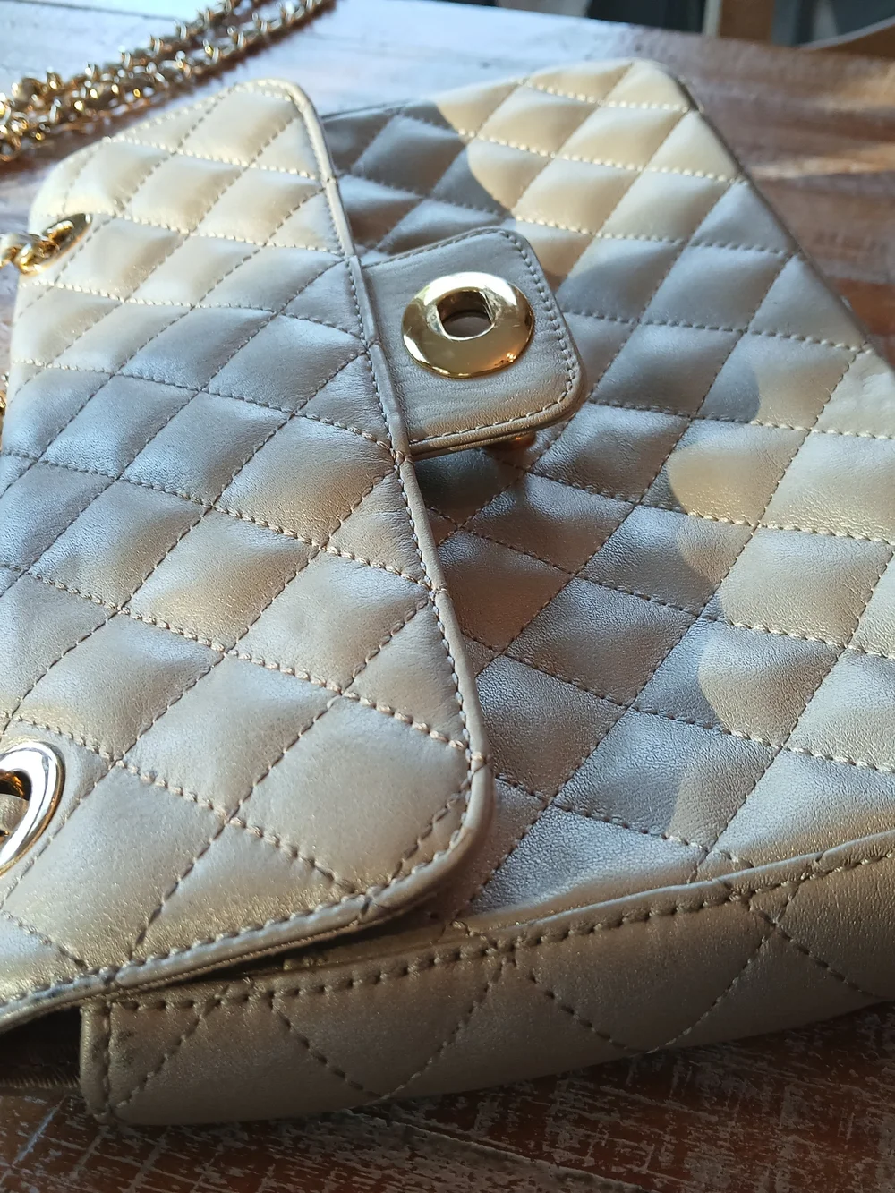 Kate Landry Quilted Champagne Metallic Shoulder Bag with Chain Strap